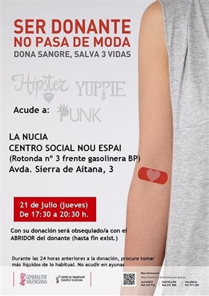 Cartel de la Donación de Sangre en La Nucía del mes de julio