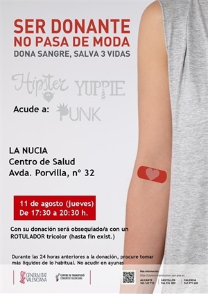Cartel de la Donación de Sangre en agosto en La Nucía