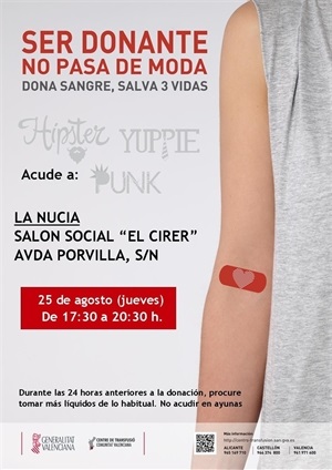 Cartel de la segunda donación de sangre del mes de agosto en La Nucía