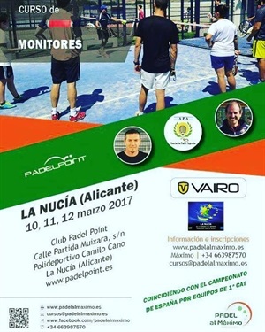 Cartel del Curso de Monitores de pádel que organizará PadelPoint del 10 al 12 de marzo en la Ciutat Esportiva Camilo Cano