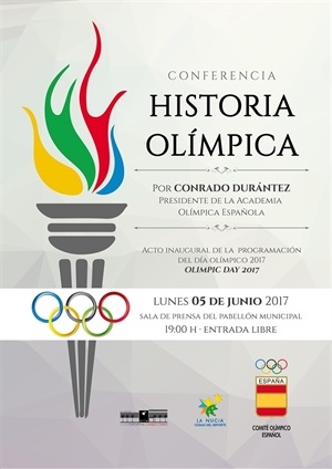 Cartel de la conferencia sobre Historia Olímpica de esta tarde en el Pabellón