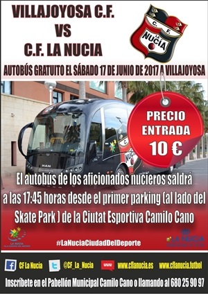 El autobús gratuito del C.F. La Nucía saldrá de la Ciutat Esportiva el sábado 17 de junio a las 17:45 horas