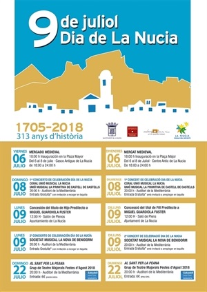 Cartel de los actos del "Dia de La Nucia 2018. 9 de juliol"