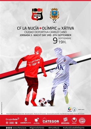 Cartel del próximo partido entre el CF La Nucía y el Olímpic de Xàtiva en el Camilo Cano