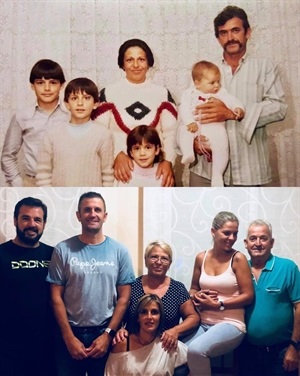 Foto ganadora de esta segunda edición: dos fotos de carnet de familia numerosa, con una diferencia de 33 años, una databa de 1985 y la otra de 2018